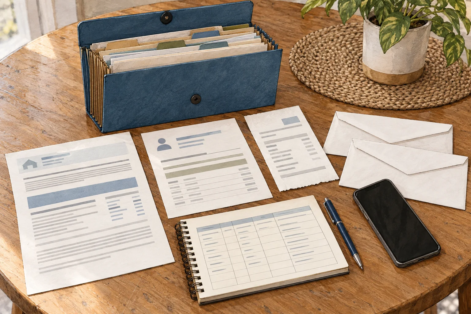 An expanding folder organizes housing statements, income records, receipts, and correspondence