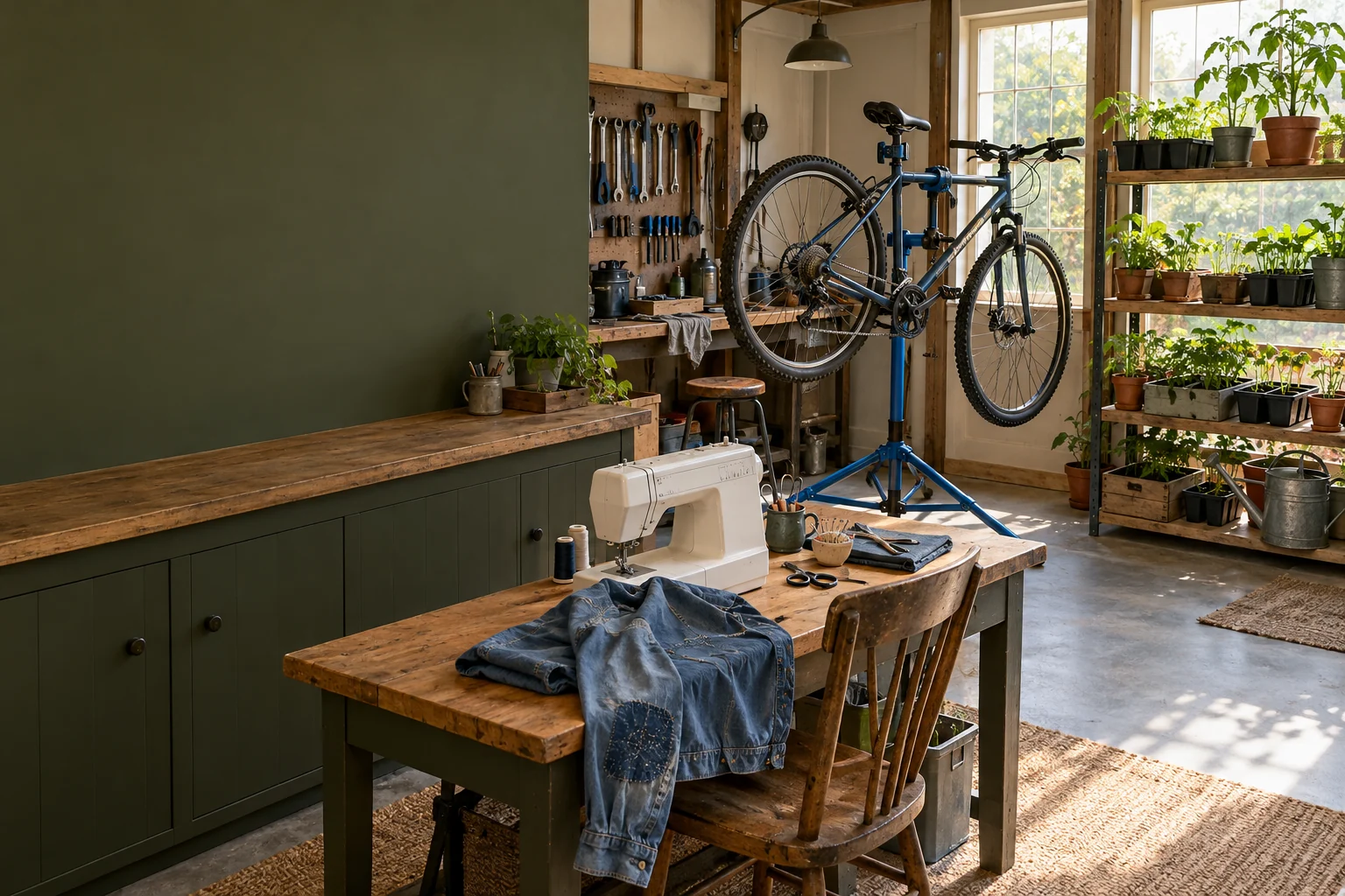 A sewing station, bicycle repair stand, and plant-starting shelf share one practical home workroom.