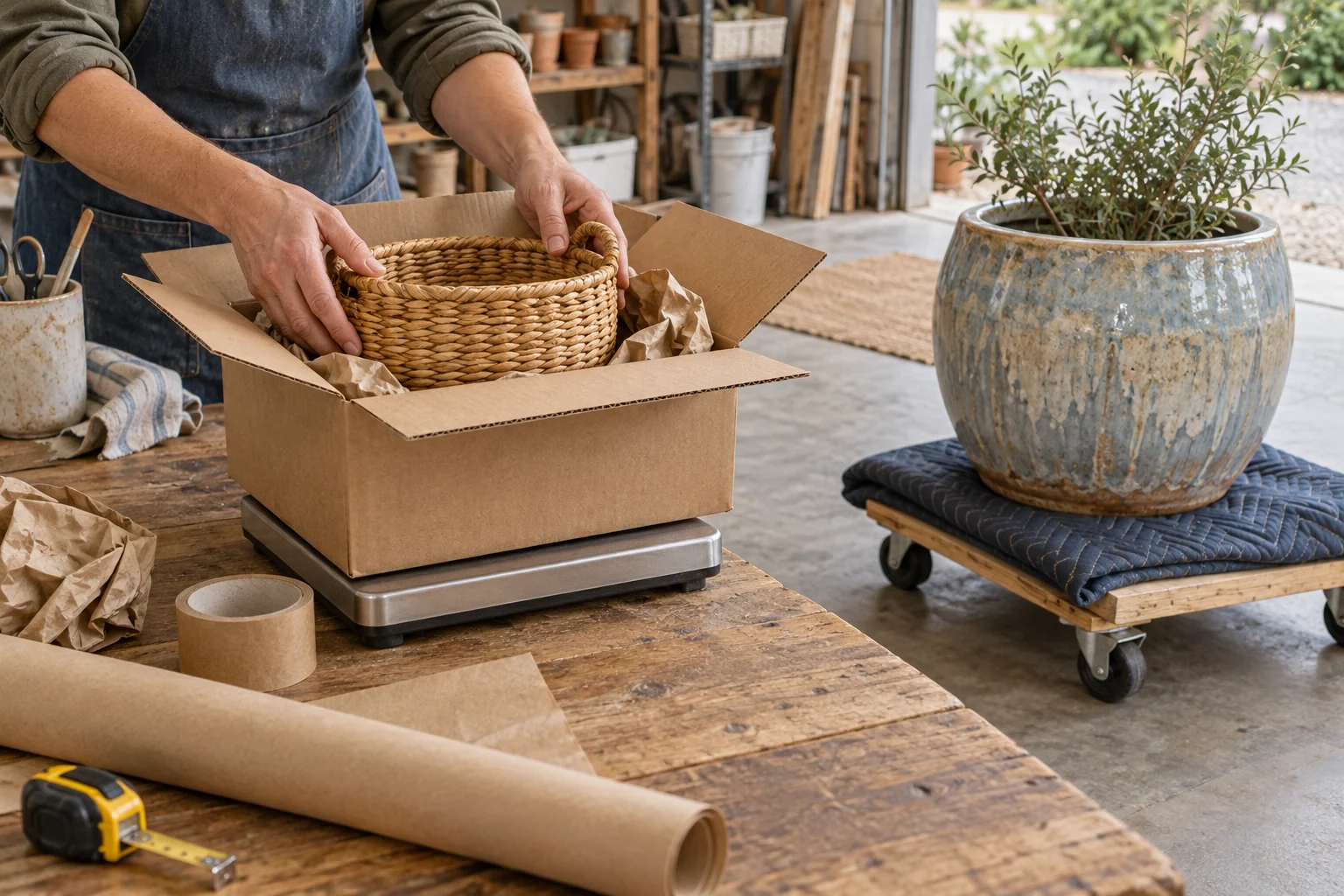 Hands pack a compact woven basket for shipping while a large planted ceramic pot waits securely on a padded dolly for local pickup.