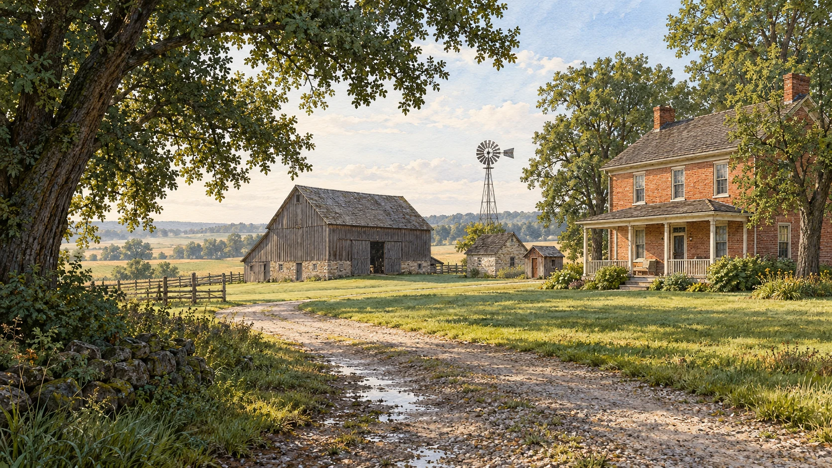 Illustration of Nelson Pioneer Farm near Oskaloosa, Iowa, with its documented brick farmhouse, timber barn, windmill, farm lane, and productive fields.