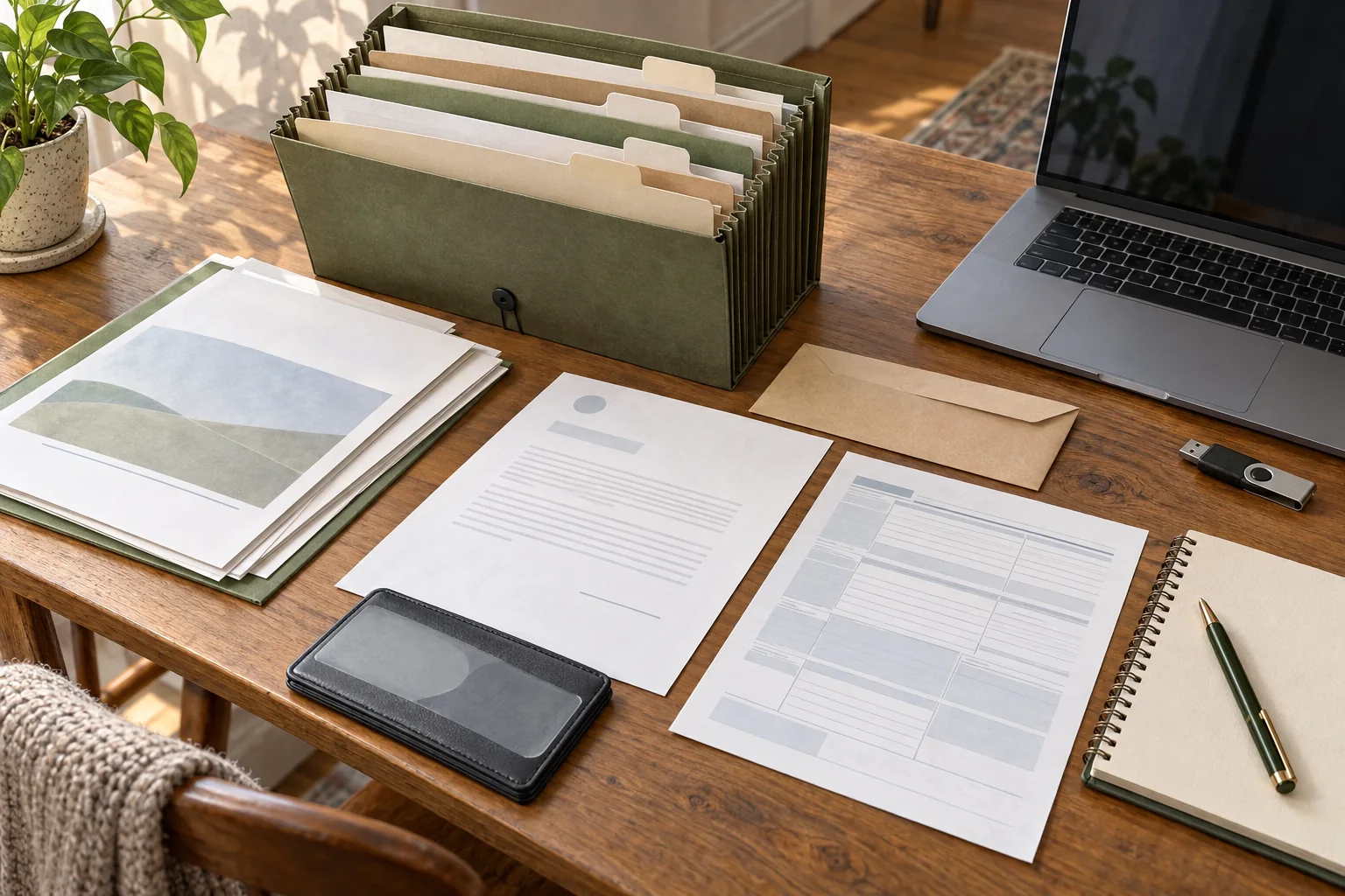 Employment and benefits papers organized in one accordion folder beside a laptop and notebook