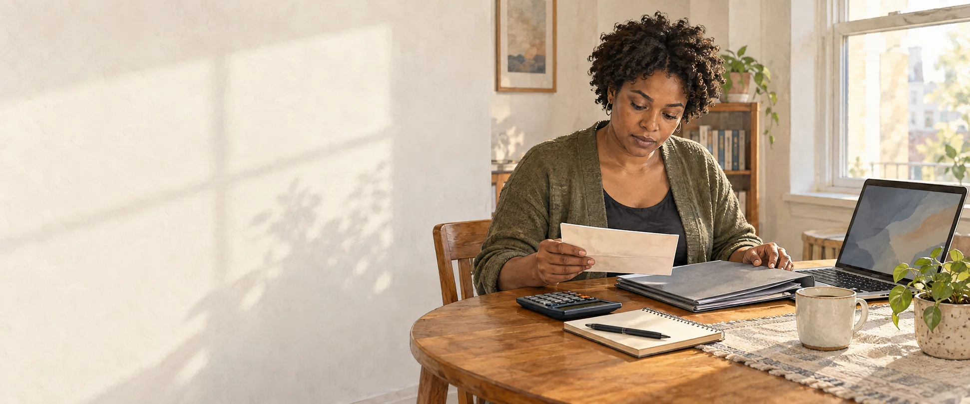 A woman calmly organizes employment papers and begins a financial plan after losing her job