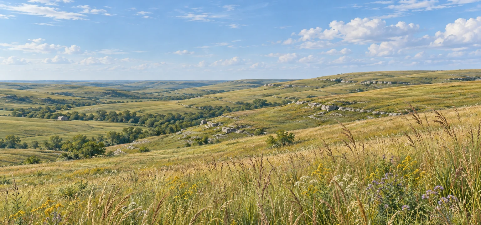 Tallgrass prairie and Flint Hills ridges at Tallgrass Prairie National Preserve near Strong City, Kansas.