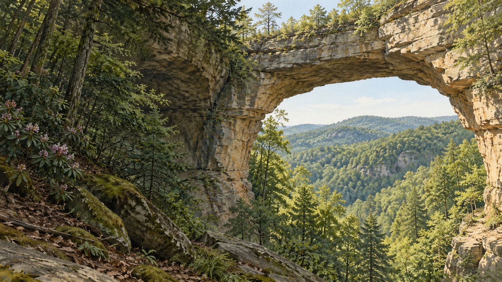 Natural sandstone arch and forested Appalachian ridges at Natural Bridge State Resort Park near Slade, Kentucky