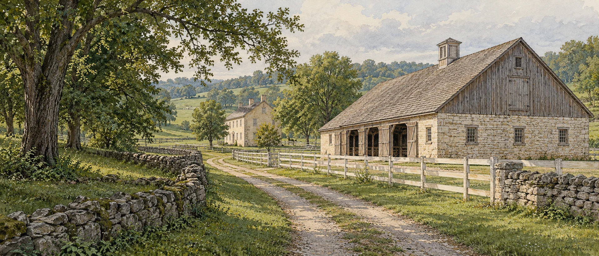 Illustration of Shaker Village of Pleasant Hill near Harrodsburg, Kentucky, with its historic timber stable, limestone walls, pasture, and Bluegrass hills.