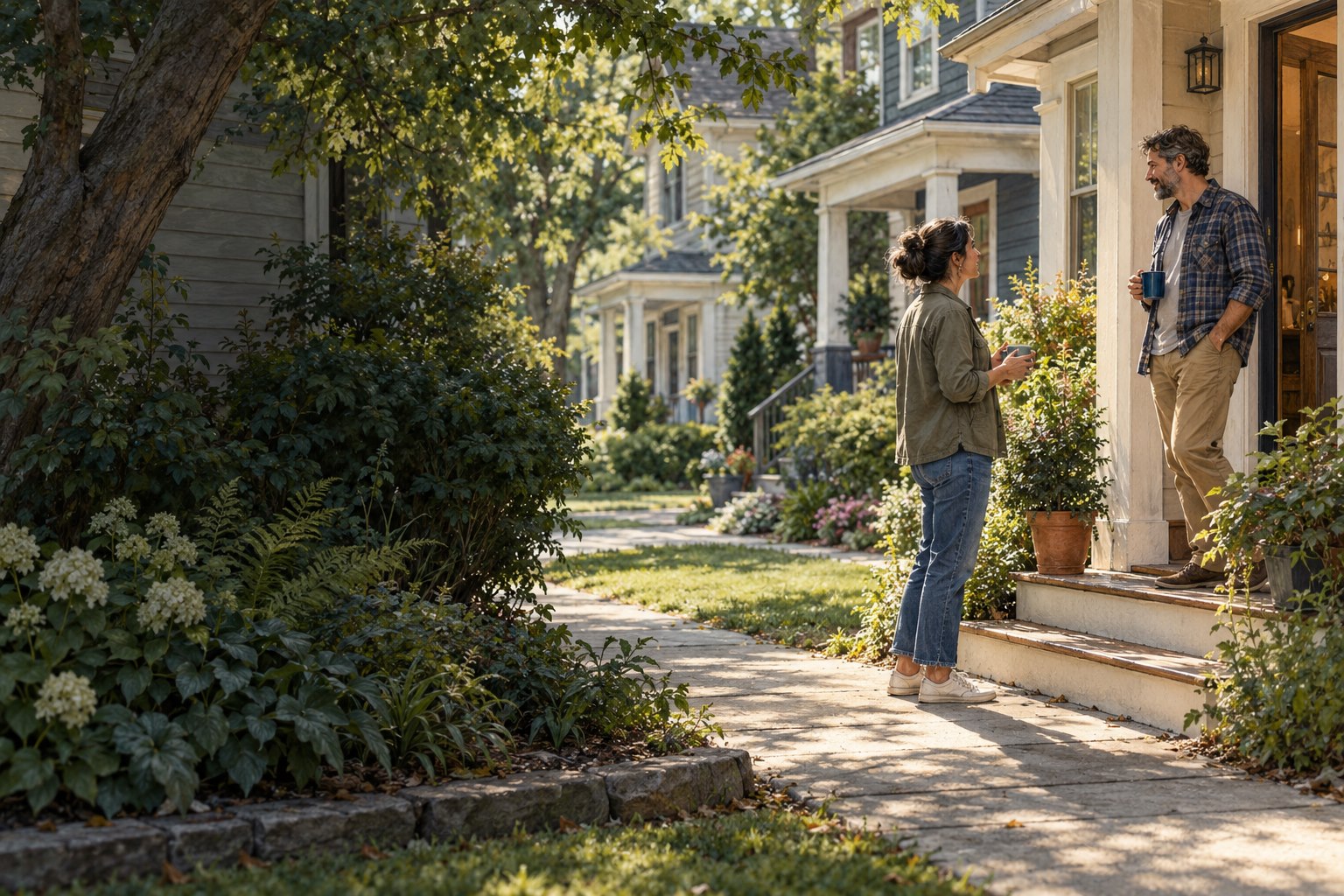 Two neighbors talking at a front doorstep during a four-door introduction.