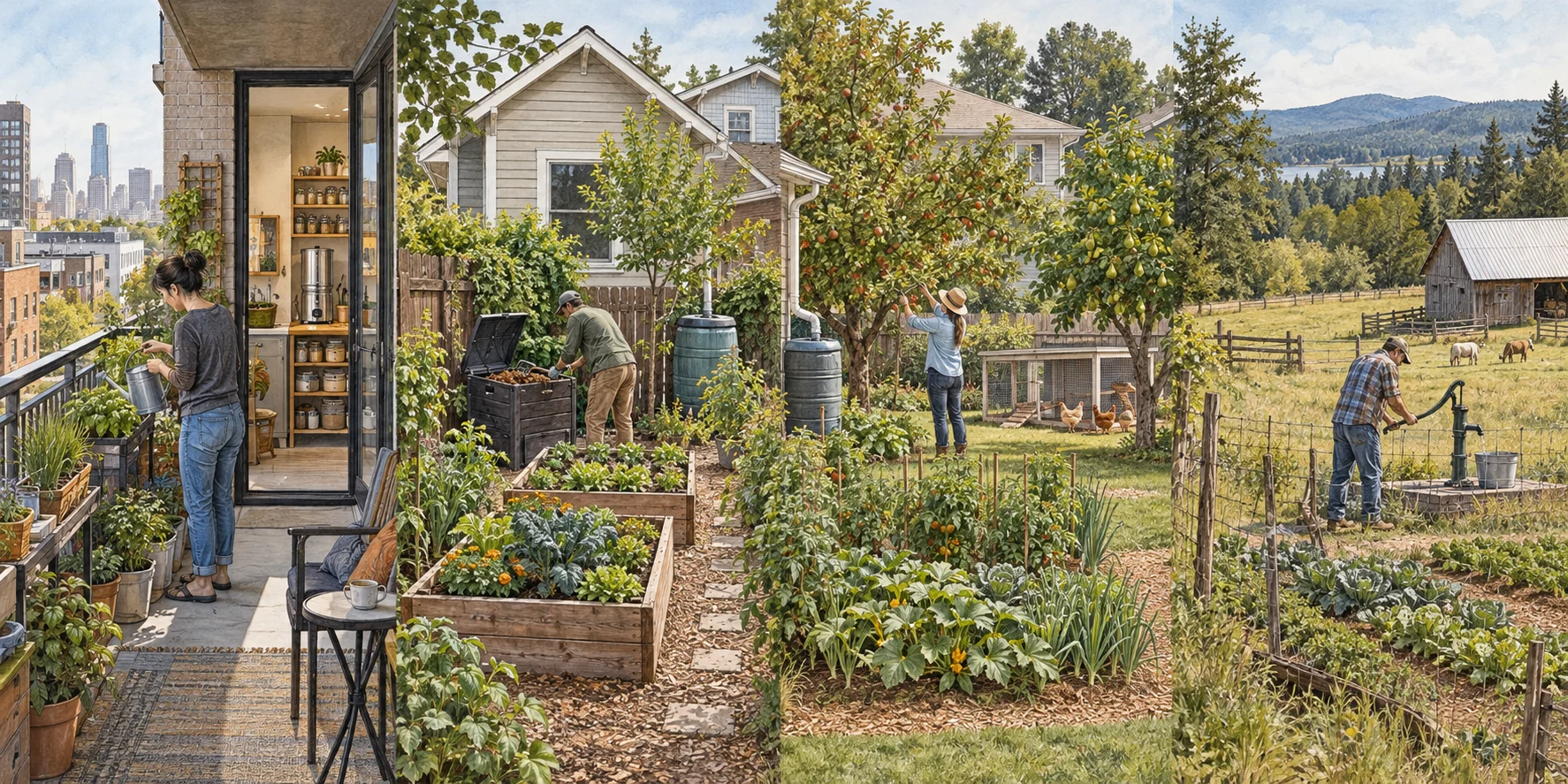 Four living situations progressing from an apartment balcony and urban yard to a suburban garden and rural acreage