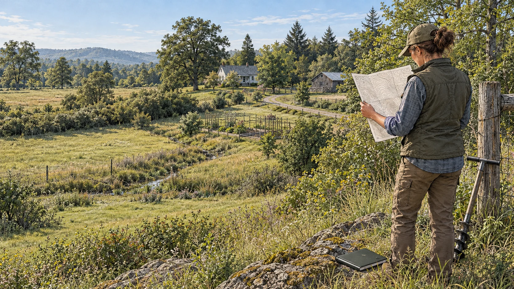 A landowner studying a contour map while evaluating the terrain, water, access, and usable ground of a modest property