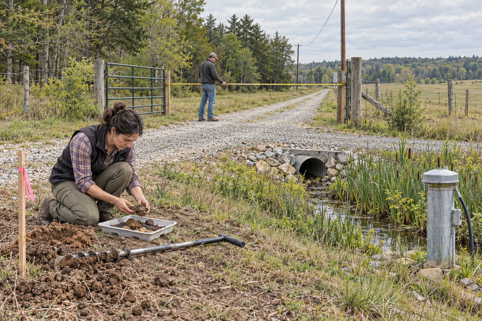 A property inspection examining soil, access width, drainage, a wellhead, utilities, and boundary markers