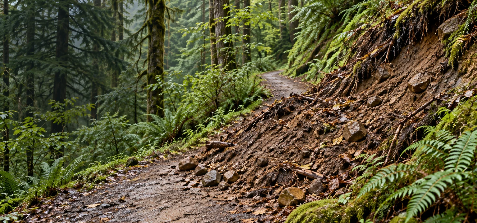 Fresh earth and stones from a shallow slide rest across a narrow forest trail.
