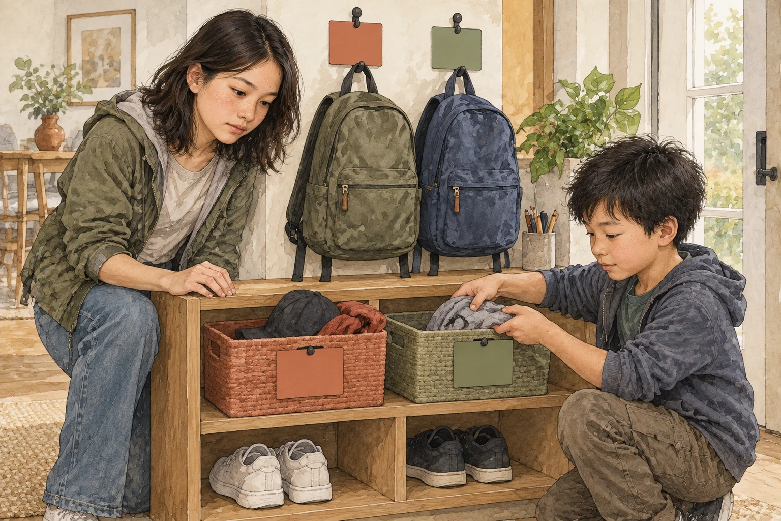 Emma and Theo Lin simplify their school routine with point-of-use baskets for backpacks and shoes