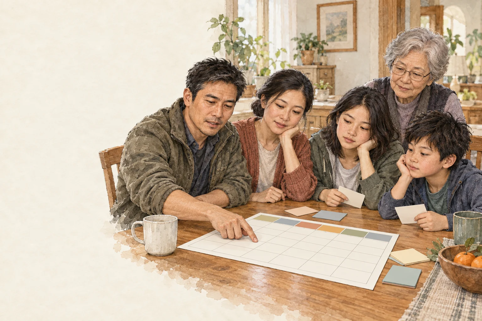 Wei, Mei, Lian, Emma and Theo Lin meet around a blank weekly calendar at the dining table