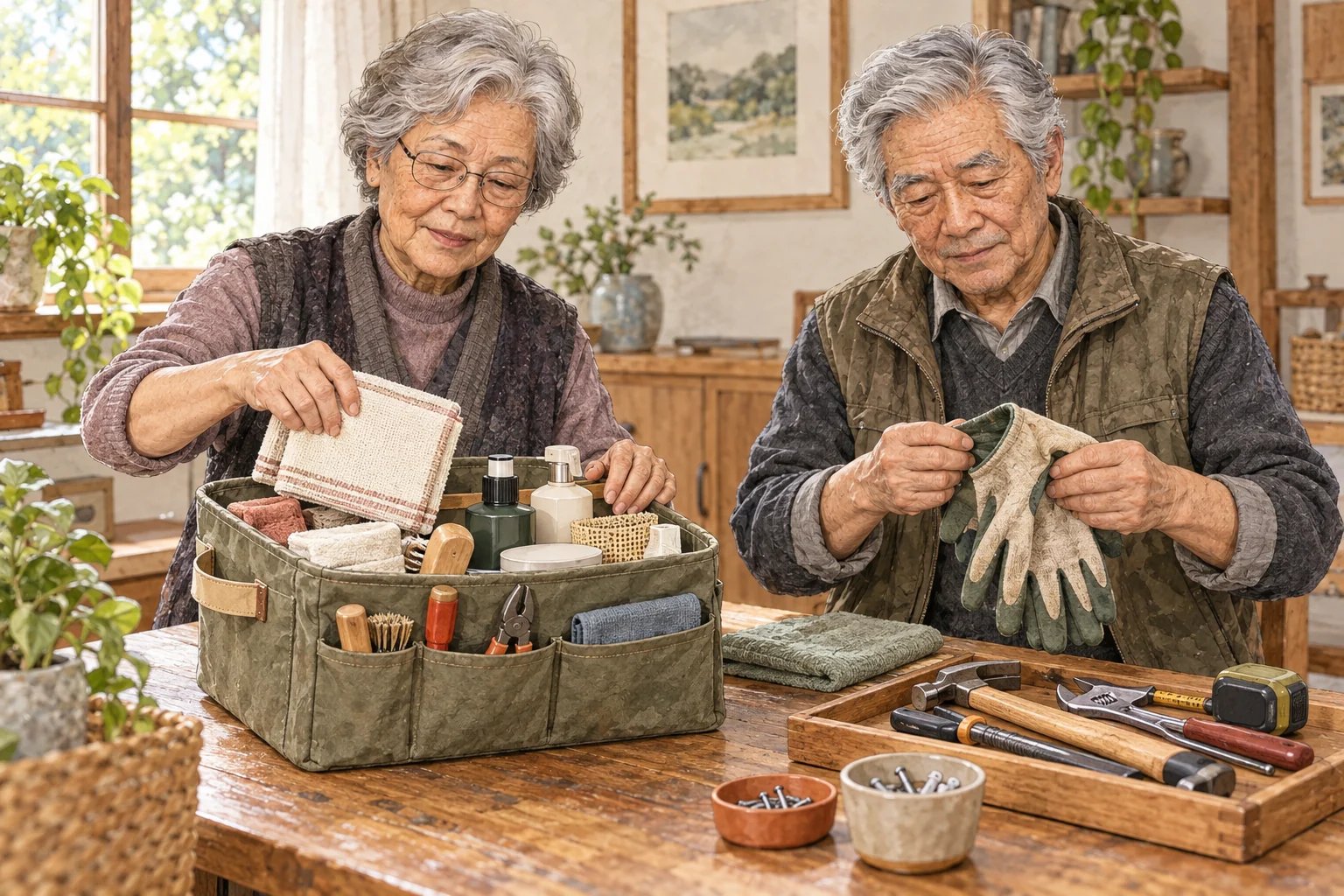 Lian and Jun Lin batch safe household maintenance supplies into a point-of-use basket