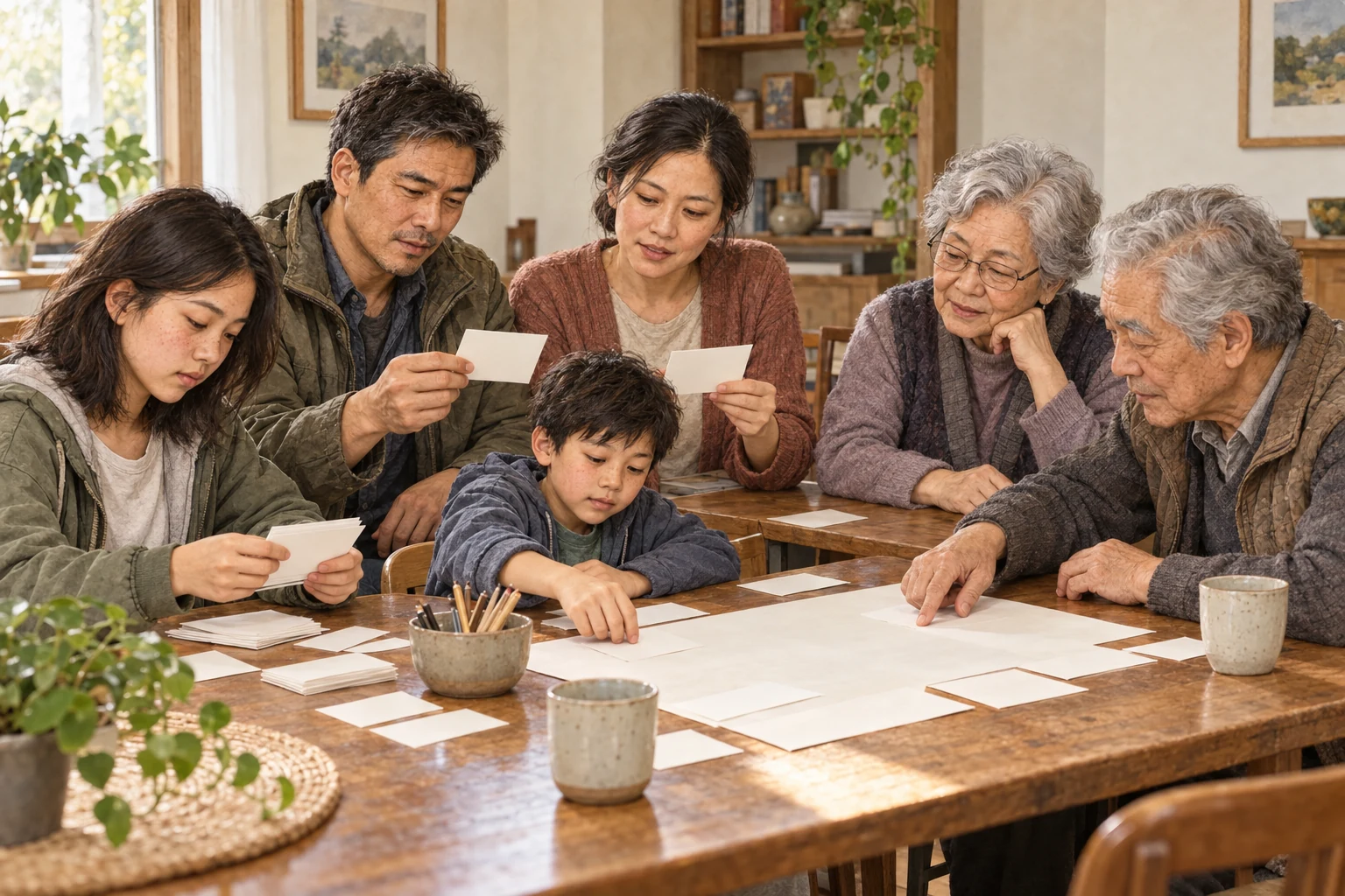 Three generations of the Lin household sort blank cards together at a dining table to make their shared work visible