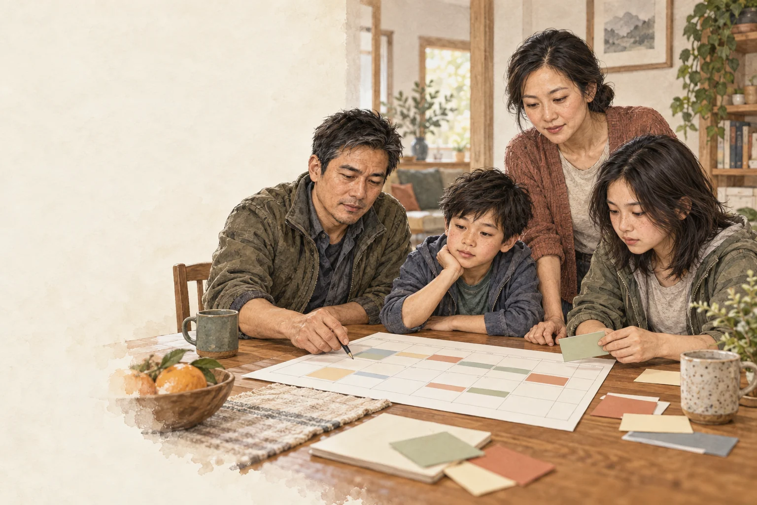Wei, Mei, Emma and Theo Lin build a shared household rhythm around a blank calendar