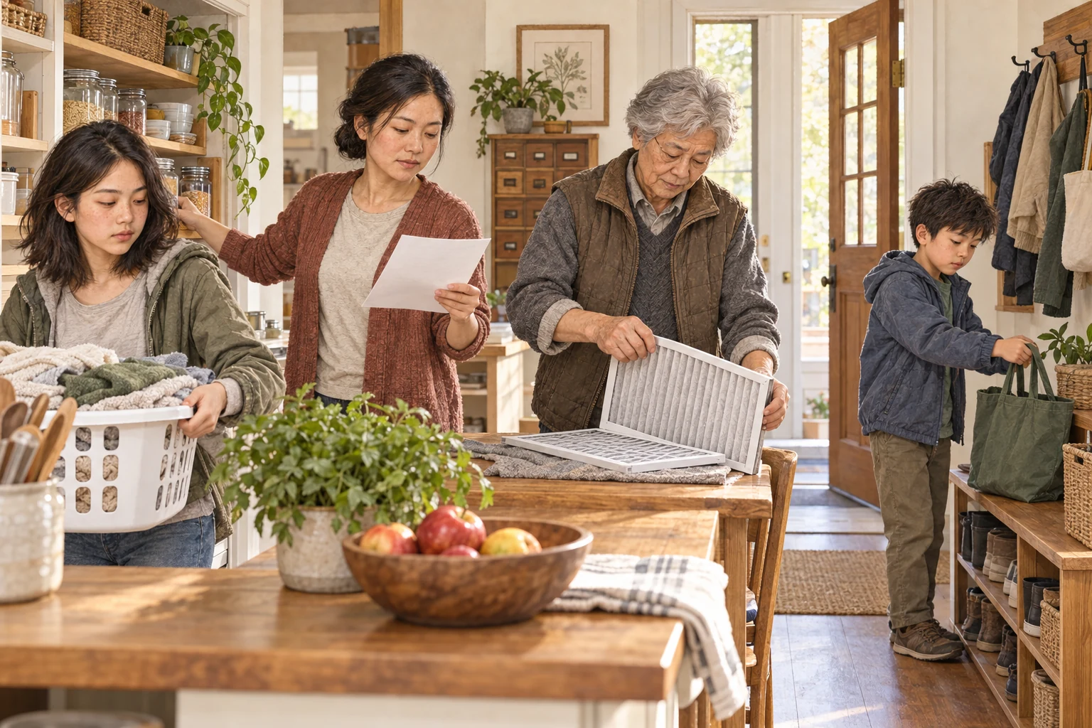 Mei, Jun, Emma and Theo Lin connect pantry, laundry, maintenance and errands in a shared home routine