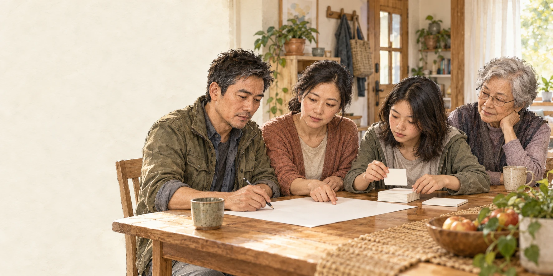Wei, Mei, Emma and Lian Lin coordinate a shared household plan at a dining table