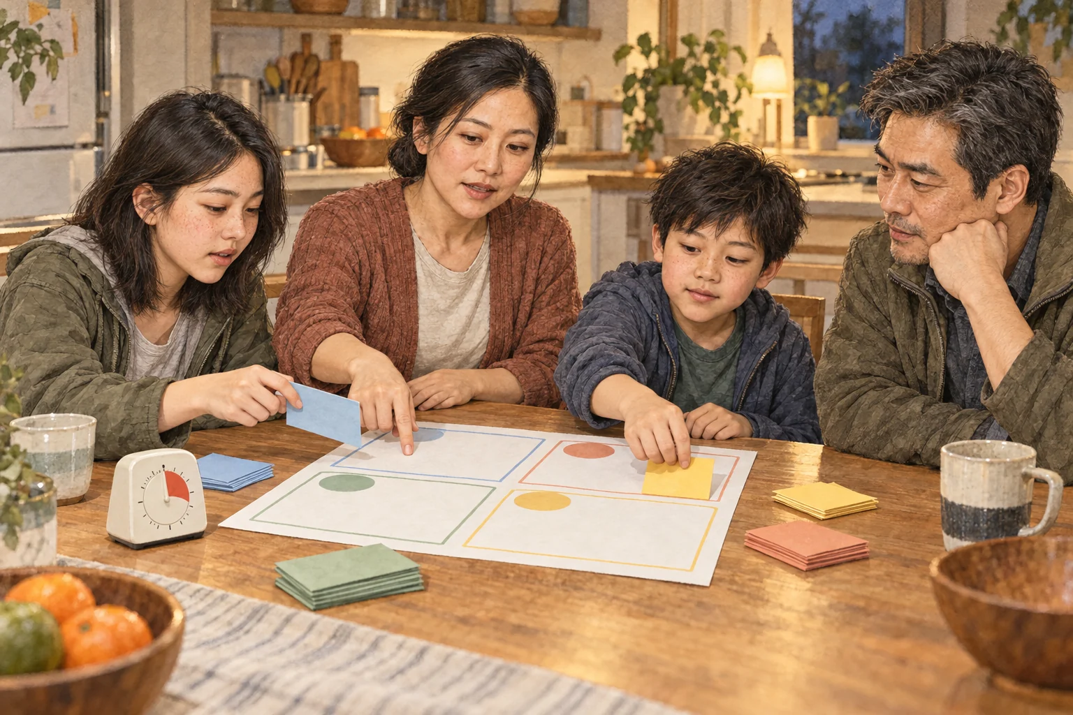 Mei, Emma, Theo and Wei Lin use a blank four-part agenda during a short family meeting