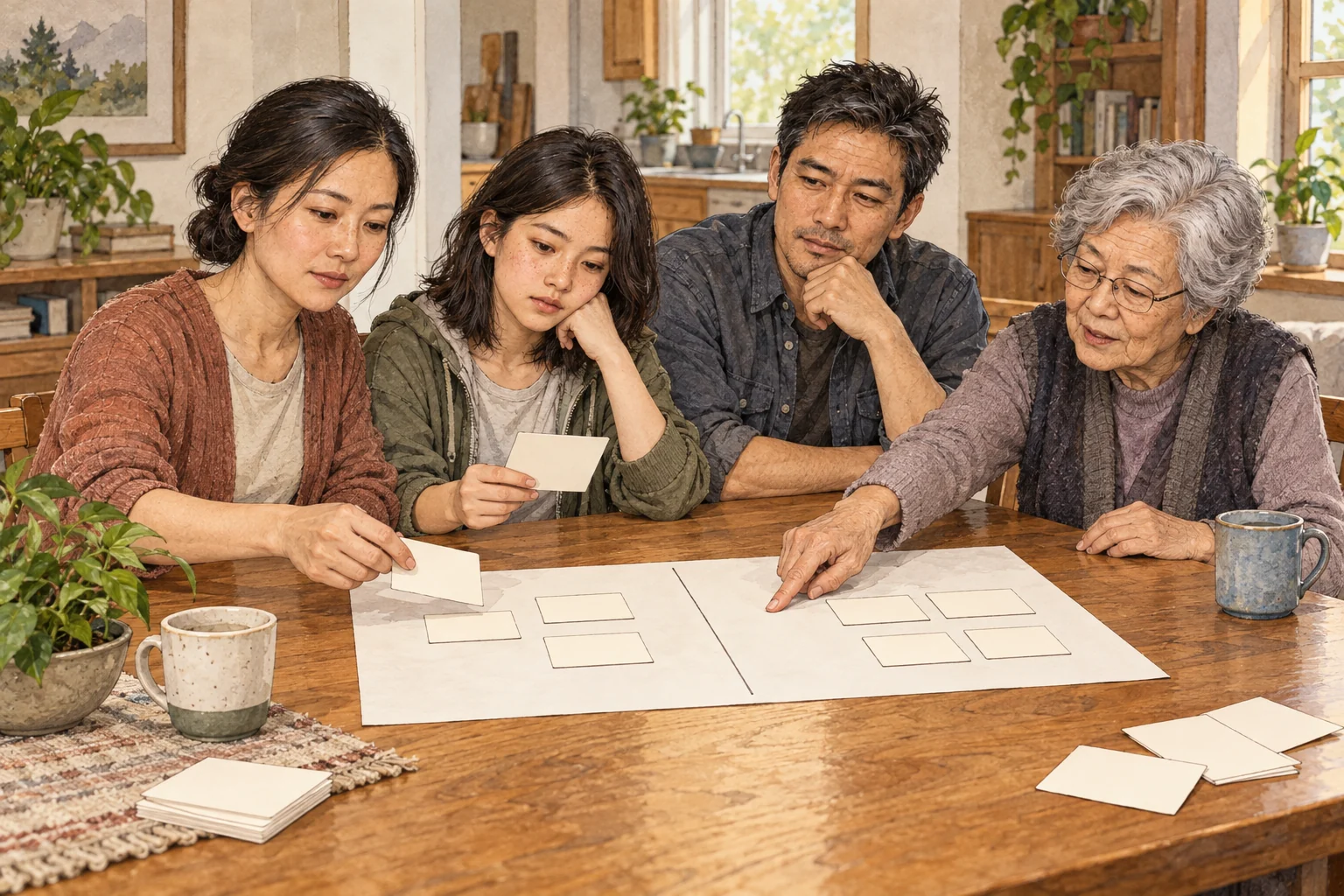 Mei, Emma, Wei and Lian Lin sort blank household cards into needs and wants at the dining table