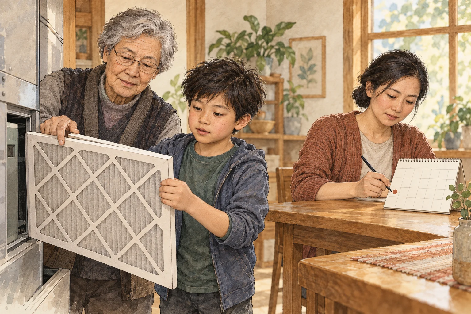 Jun and Theo Lin inspect a furnace filter while Mei schedules preventive work on a blank calendar card
