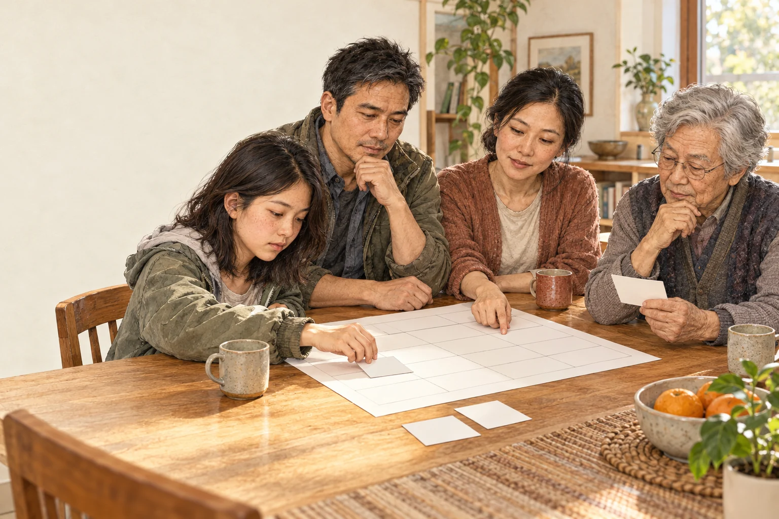 Wei, Mei, Emma and Jun Lin sort household work by priority around a blank planning sheet