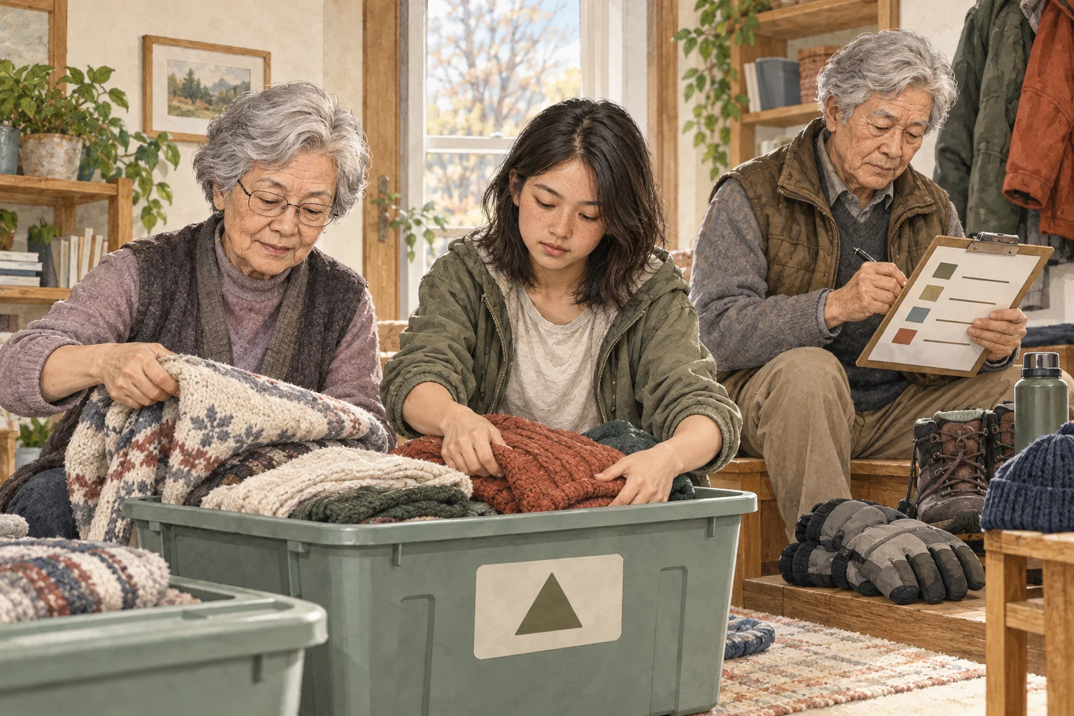 Lian, Emma and Jun Lin fold seasonal gear and review a blank maintenance checklist at home