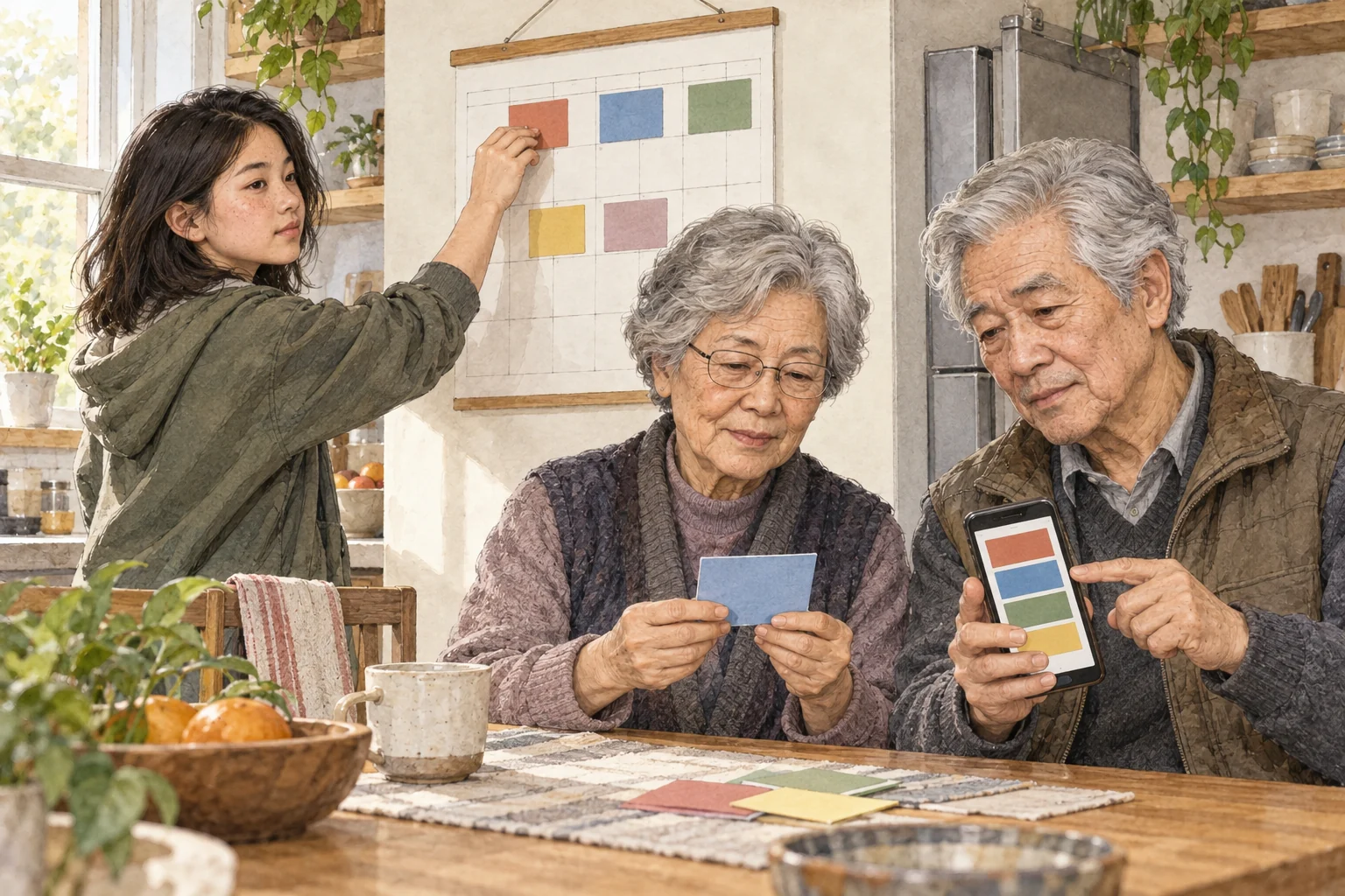 Lian, Jun and Emma Lin keep one shared wall calendar aligned with matching color blocks on a phone