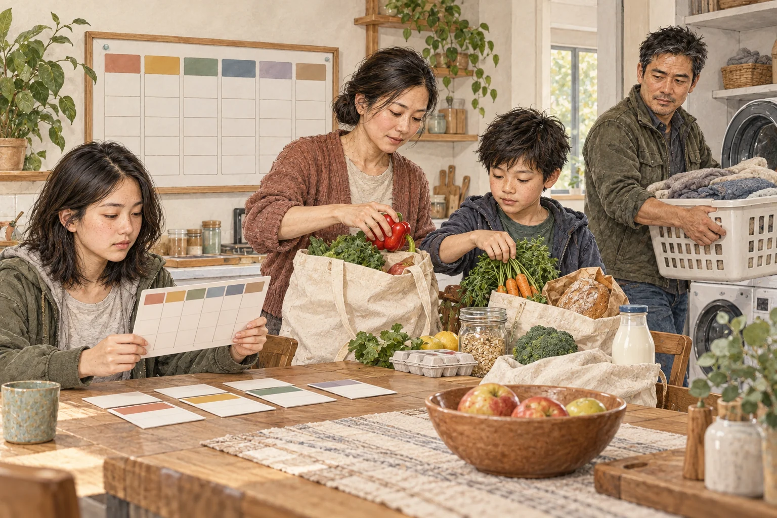 Mei, Theo, Wei and Emma Lin coordinate groceries, laundry and a blank weekly calendar at home