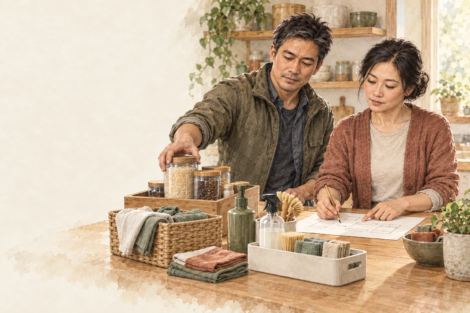 Wei and Mei Lin simplify recurring household work by grouping supplies at a kitchen counter