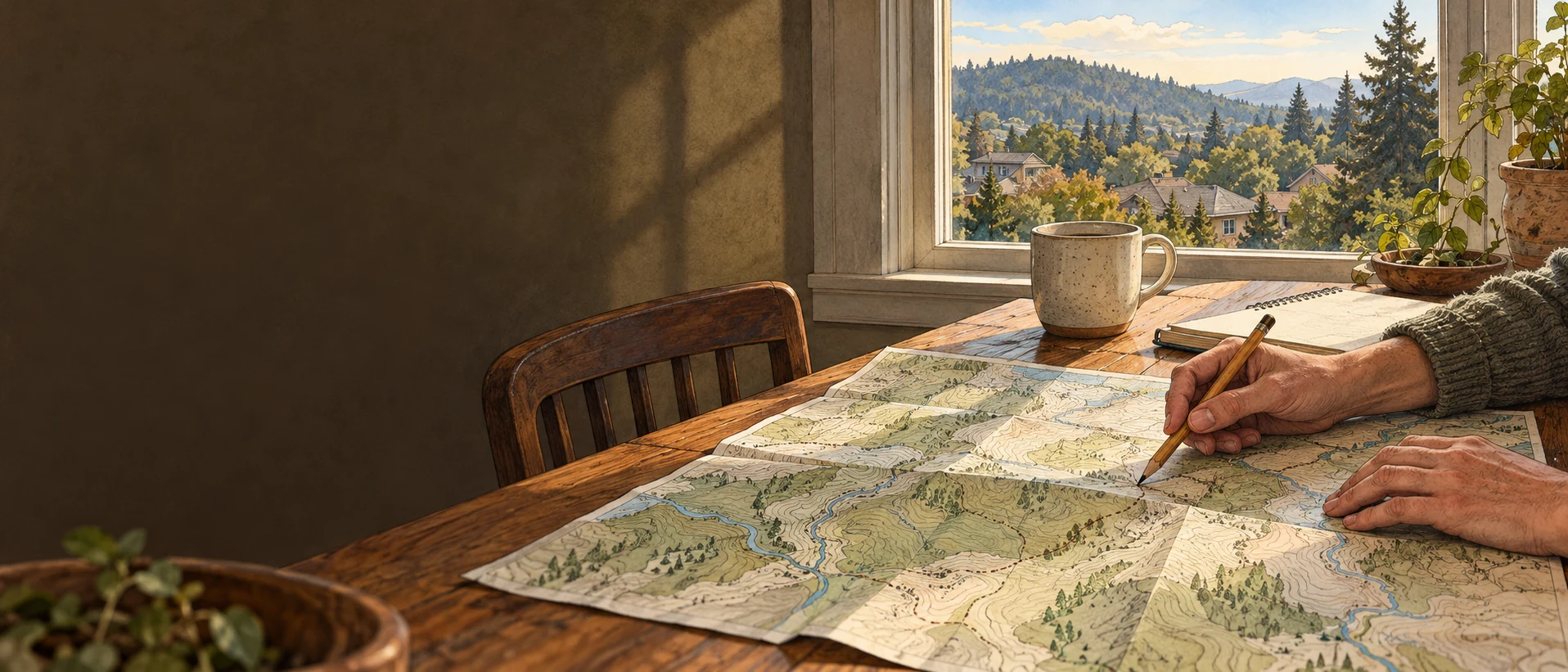 Hands review an unlabeled local terrain map beside a window overlooking a tree-lined neighborhood