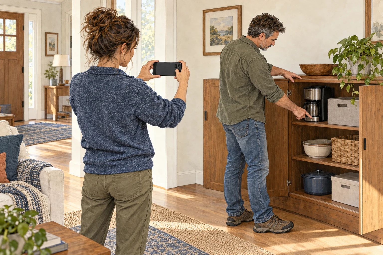 Claire records a room-by-room photo inventory while Owen opens ordinary household storage