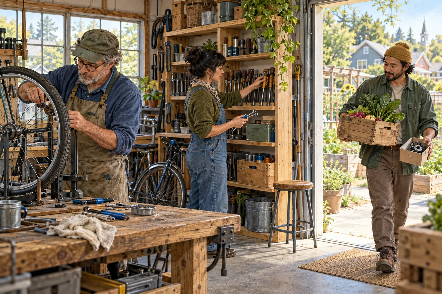Neighbors repair a bicycle, organize shared tools, and bring garden produce into a community workshop.