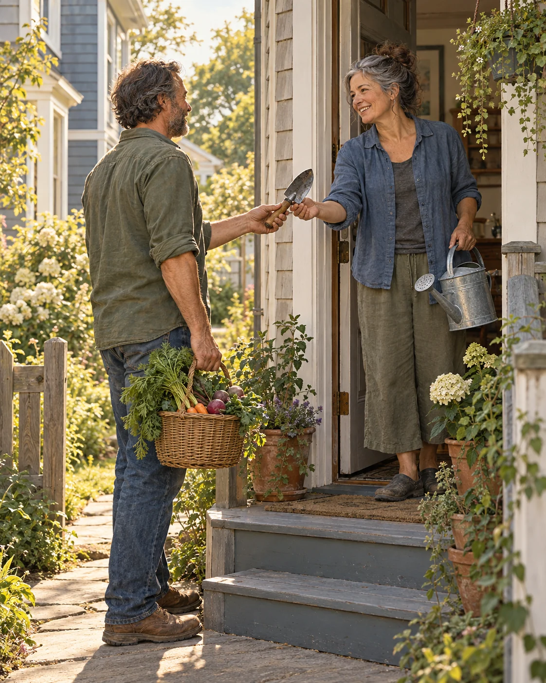 Two neighbors exchange a garden tool and fresh vegetables during a relaxed conversation at the front door.