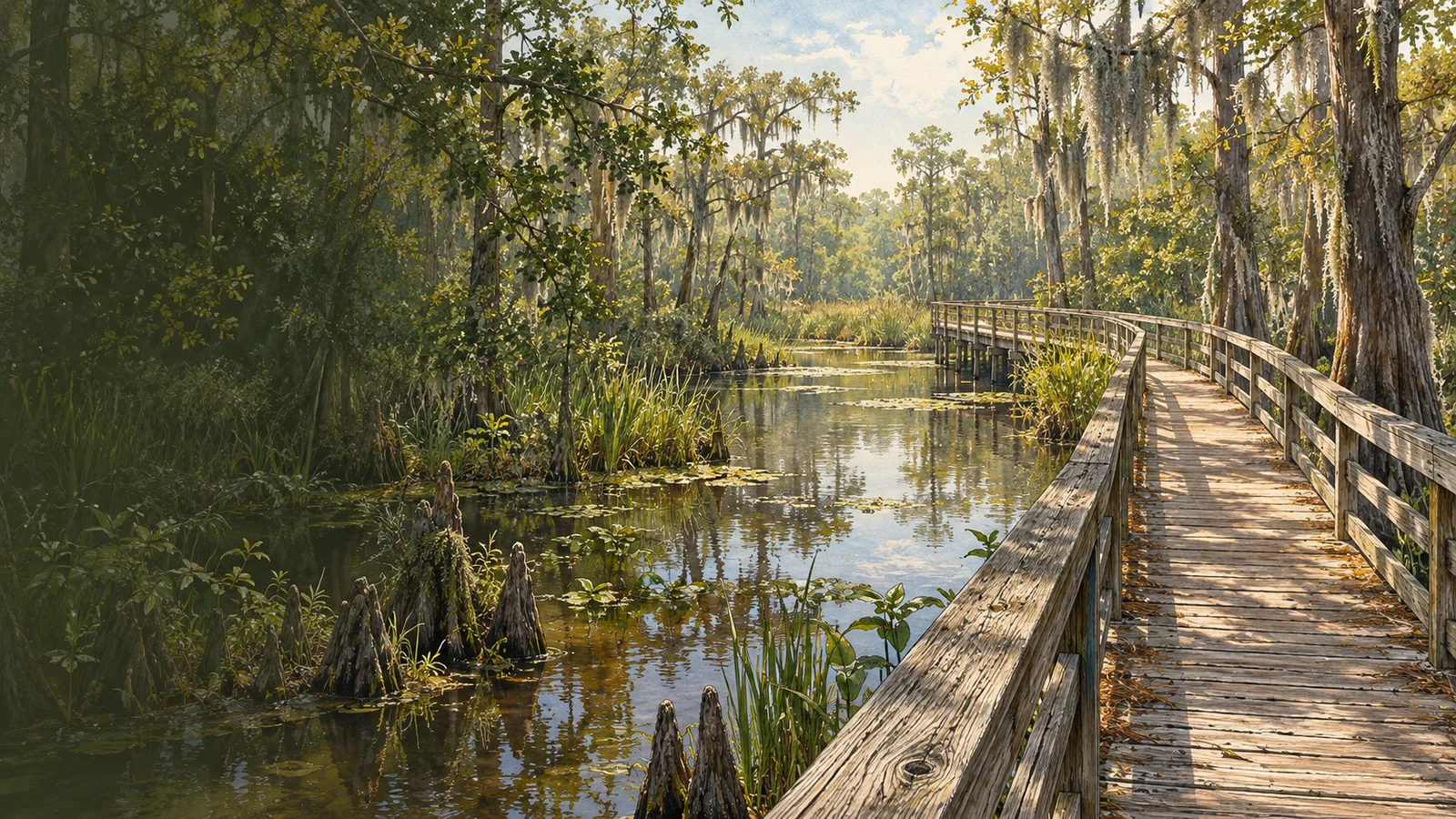 Wetland Trace Boardwalk crosses a cypress-lined bayou at Barataria Preserve in south Louisiana