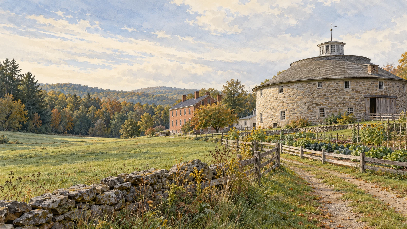 Watercolor-and-ink view of Hancock Shaker Village's Round Stone Barn and Brick Dwelling beside Berkshire farm fields and gardens