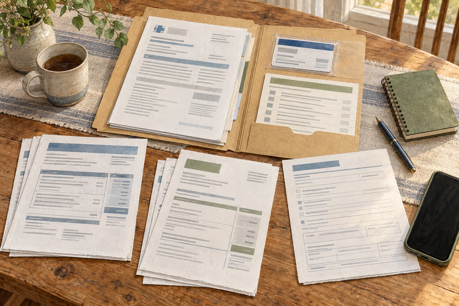 An organized folder groups insurance information, care papers, leave forms, bills, and a contact notebook