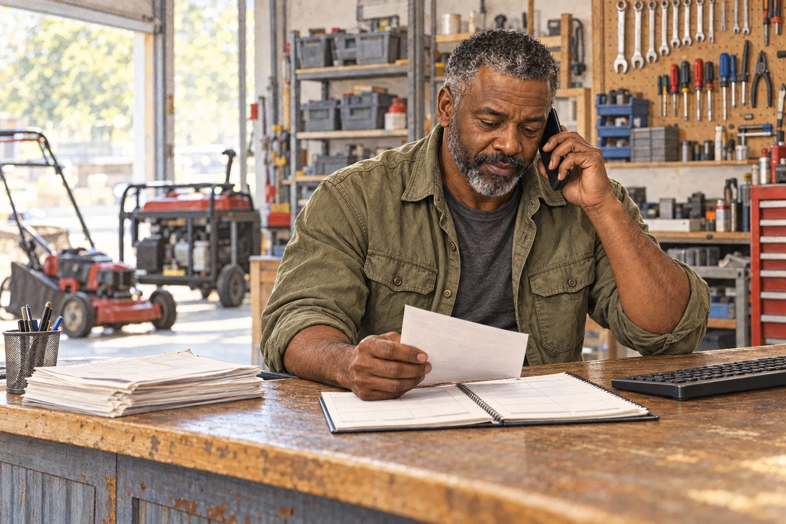 A small-engine repair shop owner reviews the weekly schedule and delegates work by phone
