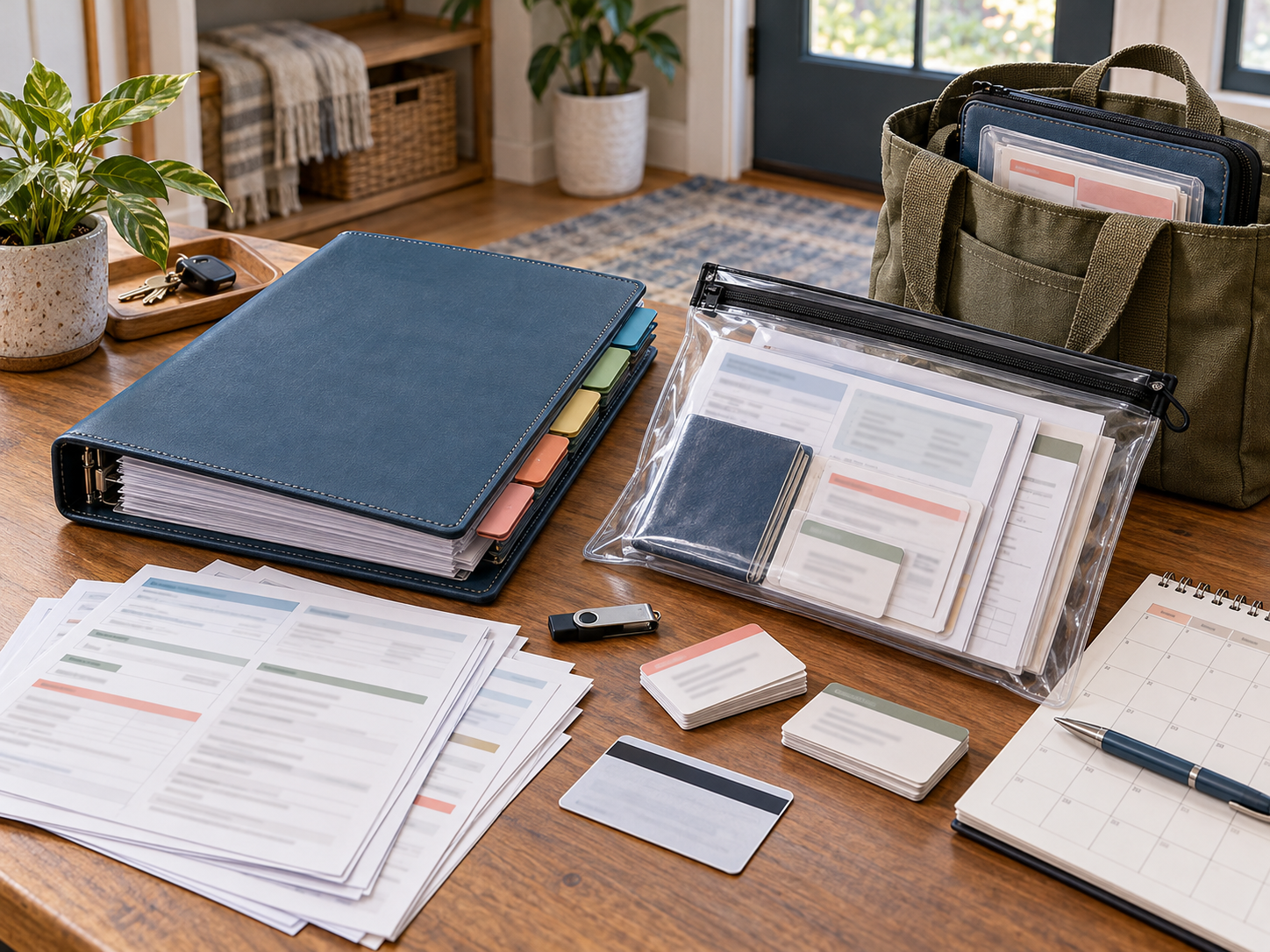 A household medical binder, waterproof document pouch, backup digital copy, and portable grab-and-go folder organized together without visible personal information