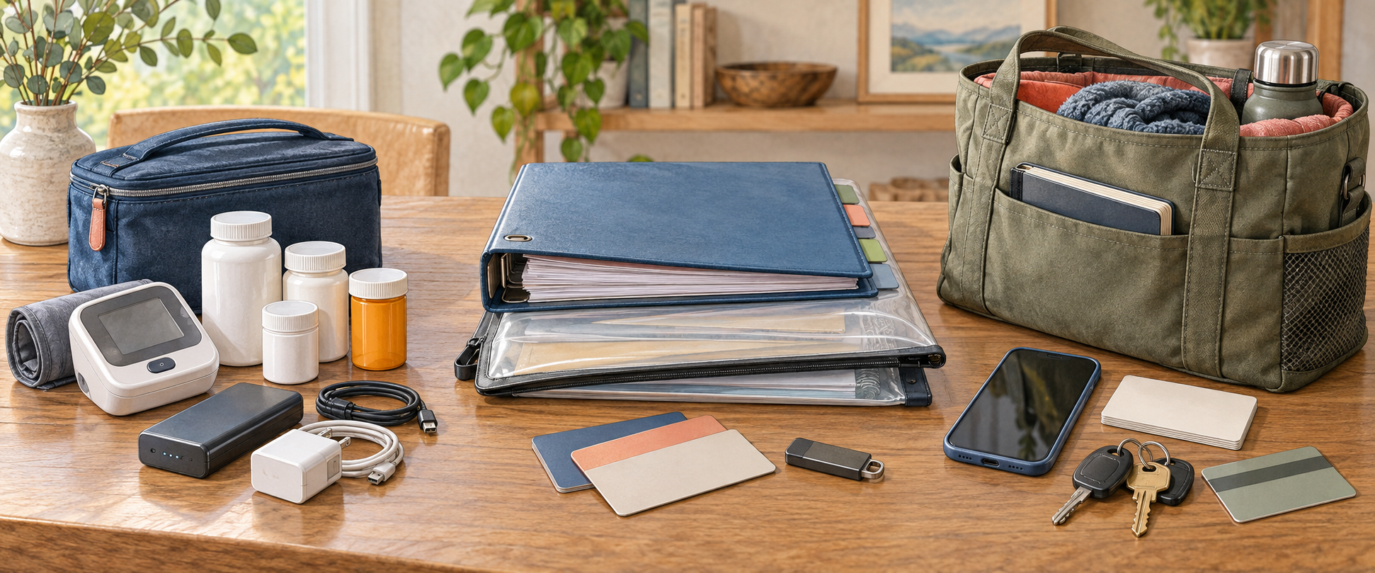 Three coordinated medical-continuity planning areas: medications and powered devices, protected household records, and a ready caregiver and access bag