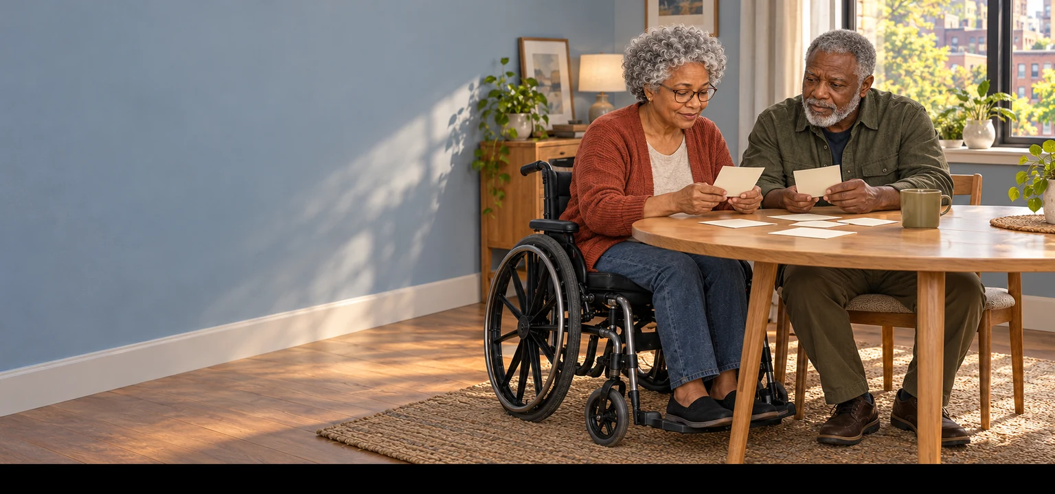 Marian Brooks, who uses a wheelchair, and her husband Leon review their emergency plan in their apartment.