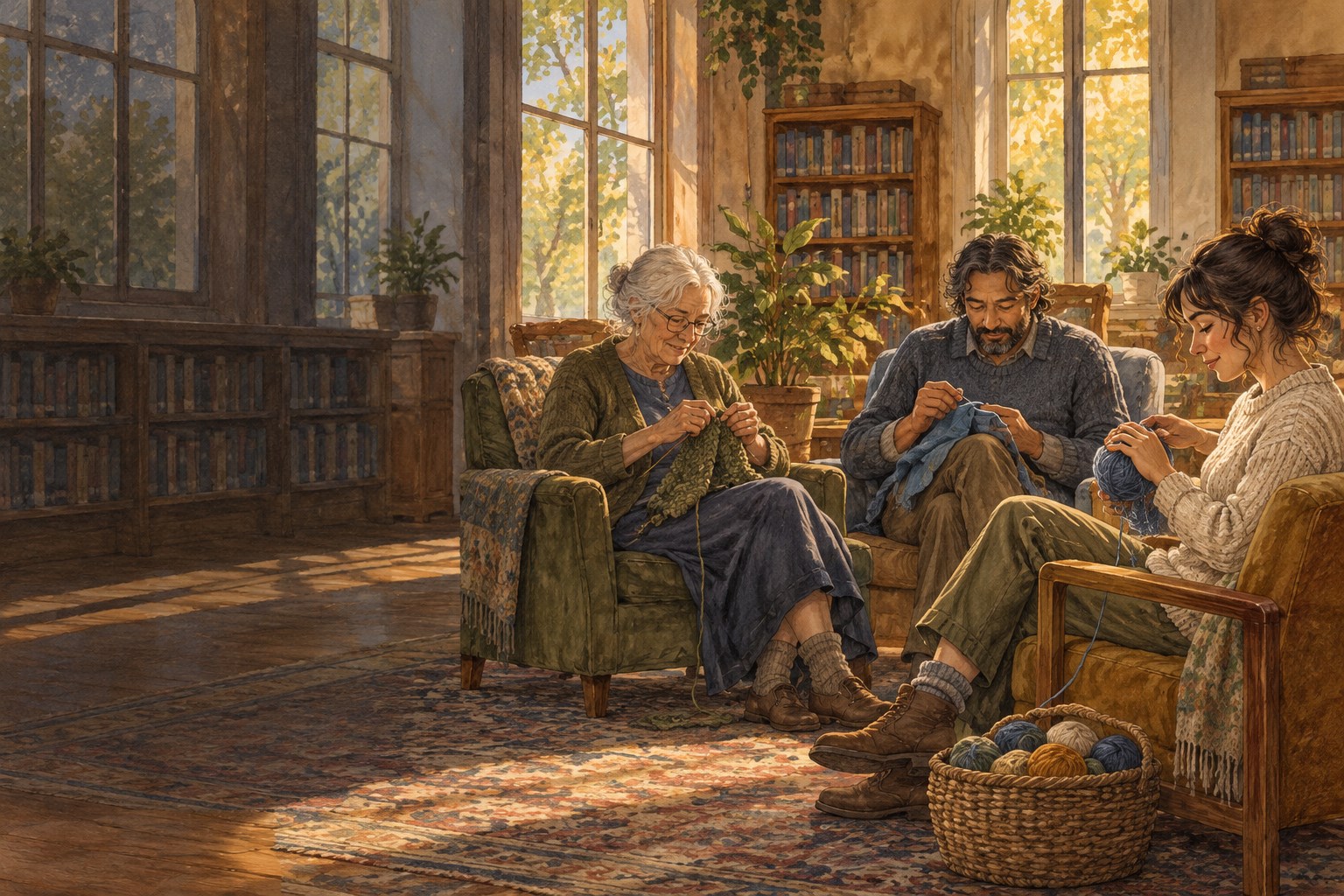 Three adults share a quiet knitting and mending circle in a sunlit library reading room.