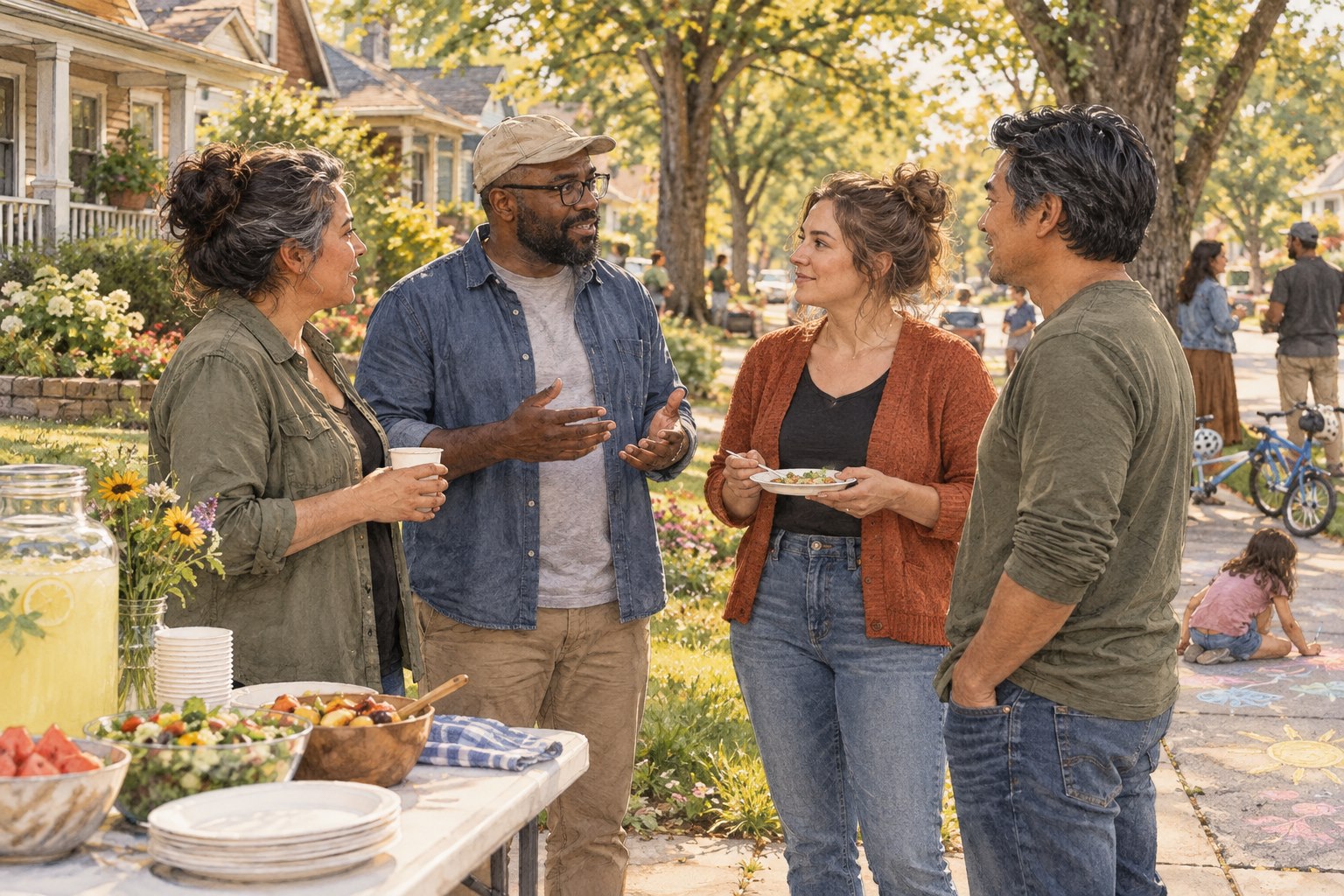 Neighbors talking together at a relaxed neighborhood block party.