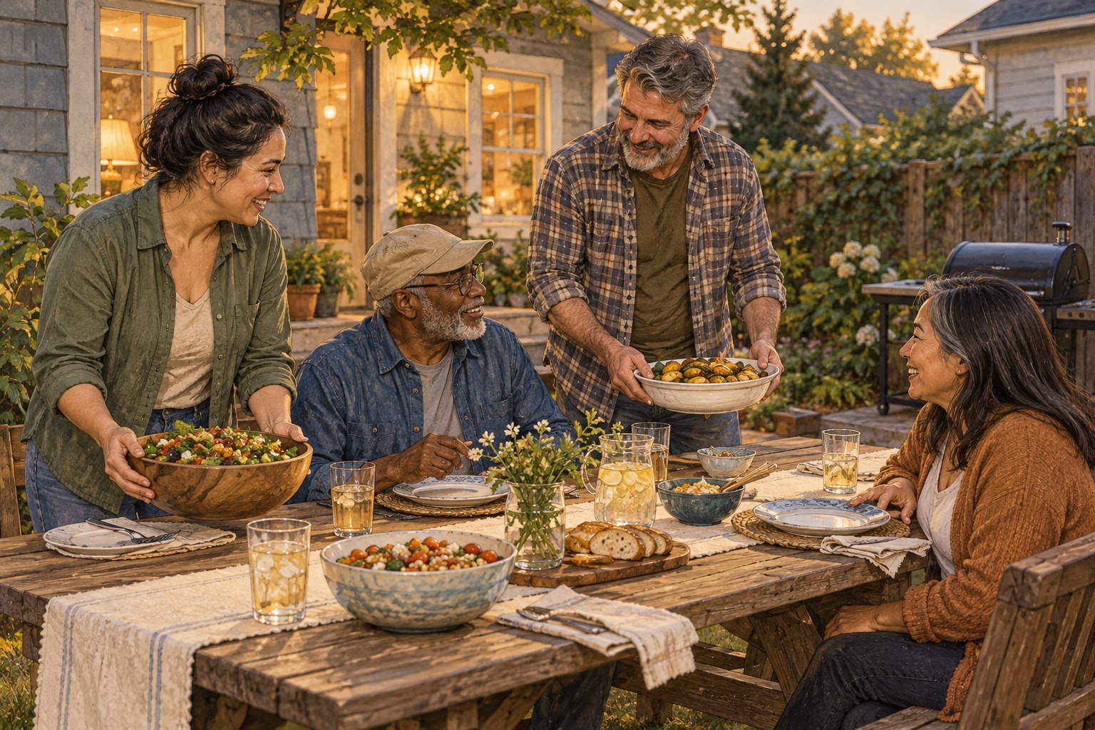 Neighbors sharing food around a backyard table at a casual cookout.