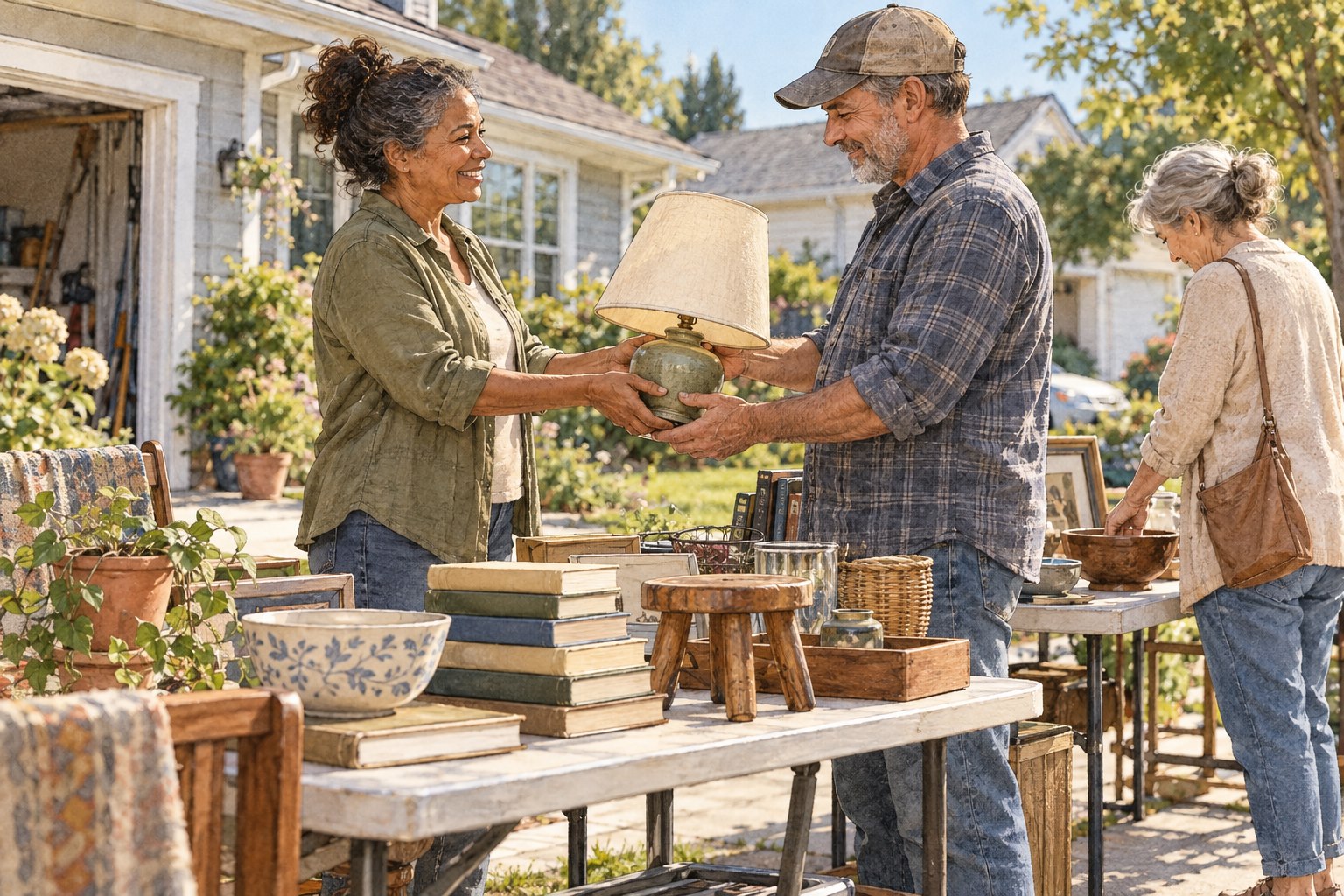 Neighbors exchanging a household lamp at a community yard sale.