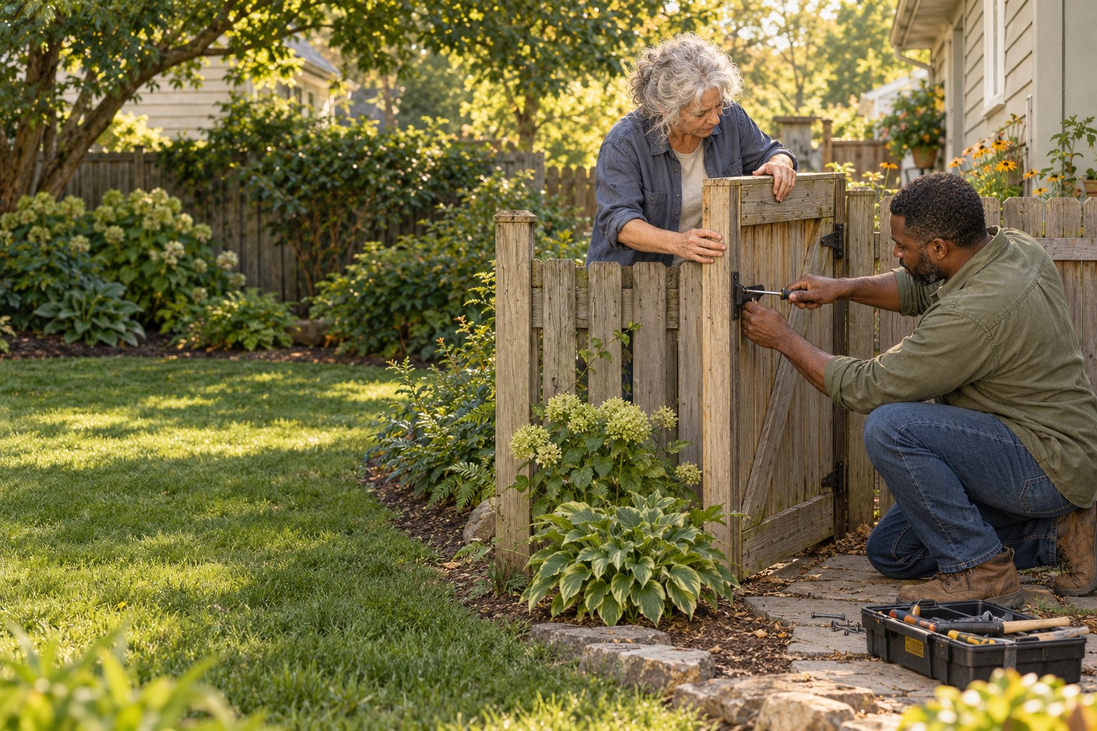 Two neighbors repairing a shared wooden gate between their yards.