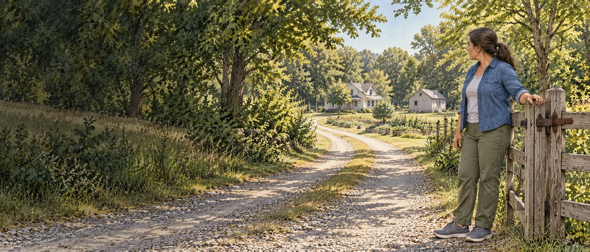 Nora checks the gate at the edge of her long gravel lane