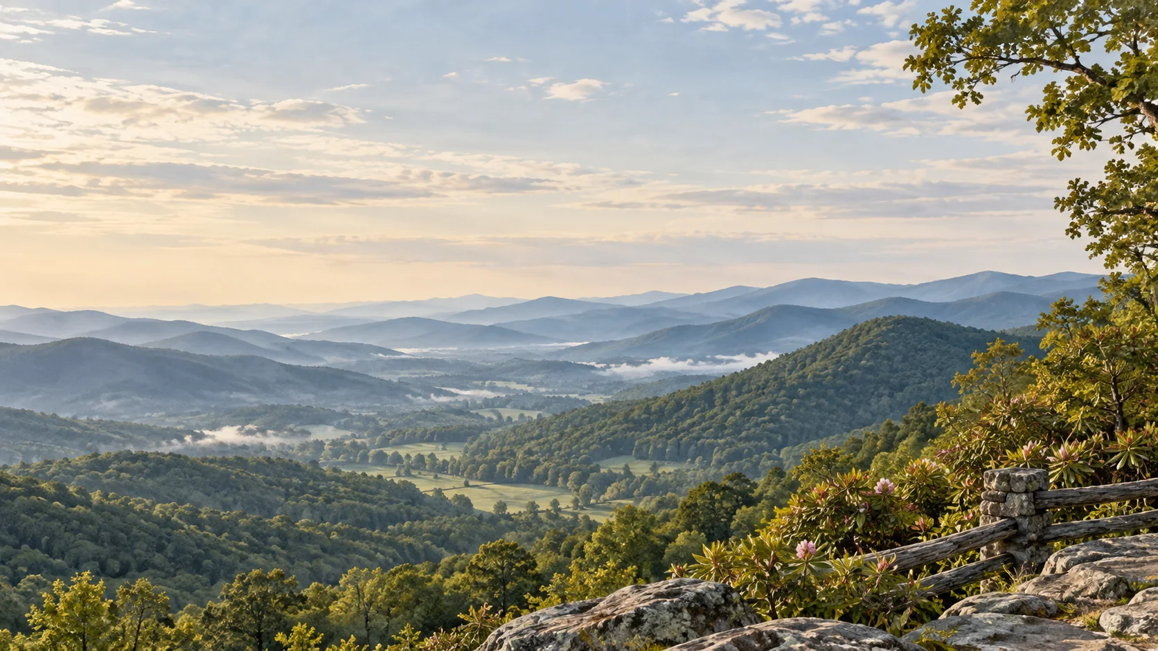Layered Blue Ridge mountains recede across a forested western North Carolina valley from a quiet Parkway overlook