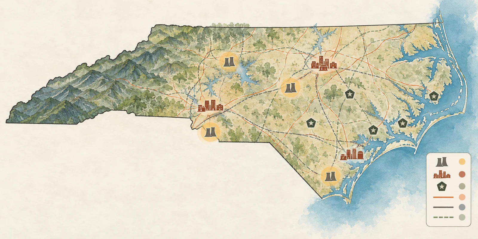North Carolina Human-Made Hazard Orientation Map showing generalized nuclear planning areas, major transmission pipeline corridors, facility-based chemical and industrial areas, major military installations, and major freight or hazmat corridors. It is an illustrative orientation map, not an address-specific determination.