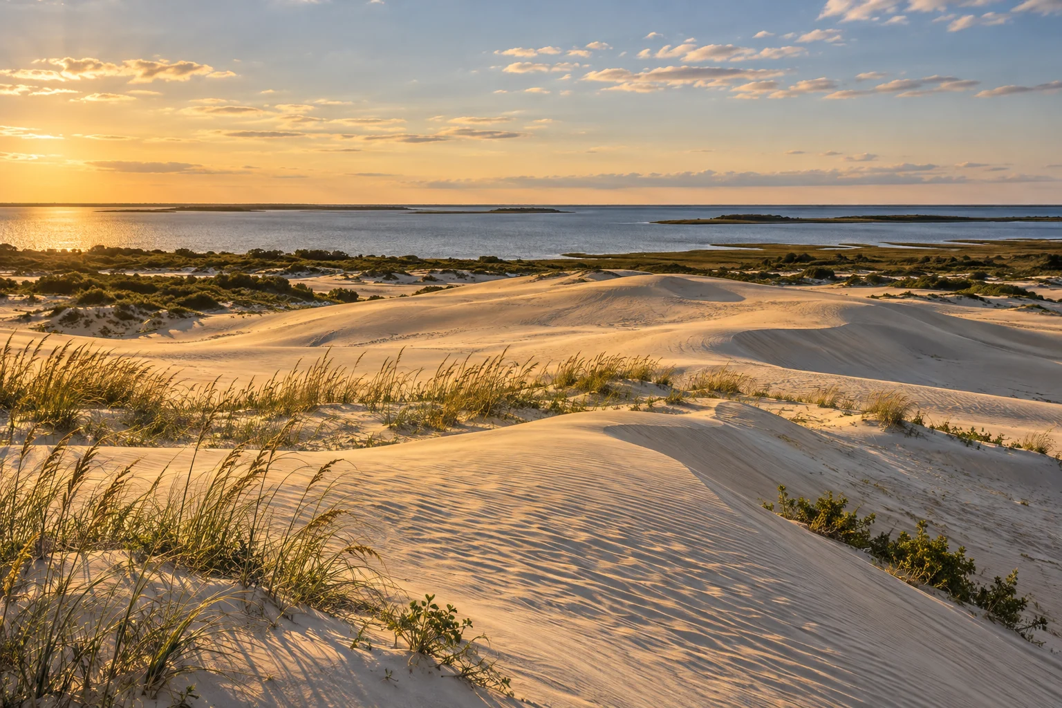 Editorial illustration of wind-shaped dunes at Jockey's Ridge State Park overlooking Roanoke Sound on North Carolina's Outer Banks