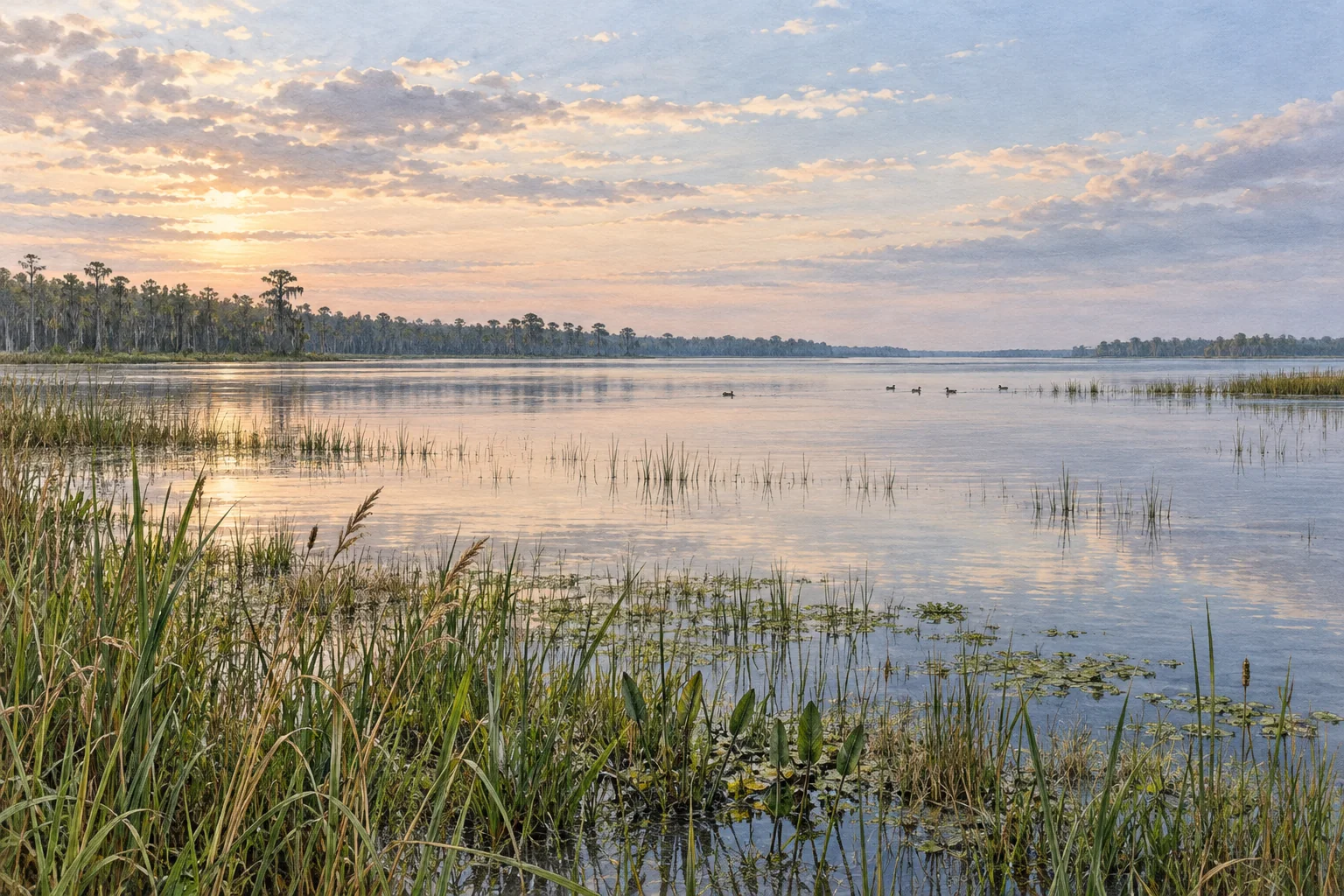 Editorial rendering of marsh grasses and calm shallow water at Lake Mattamuskeet in North Carolina's Outer Coastal Plain